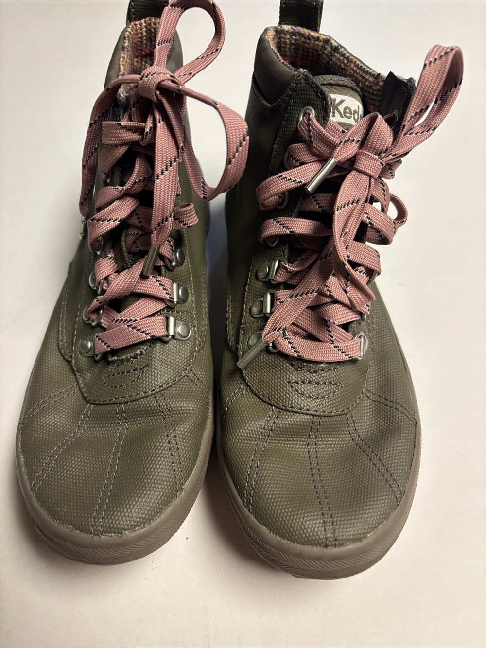 Keds Olive Lace-Up Boots with Pink Laces